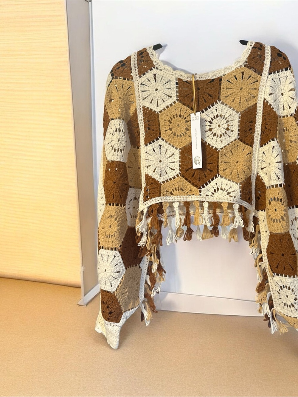 House of Harlow 1960 Crocheted Hexagon Tassel Pullover in Brown and Cream